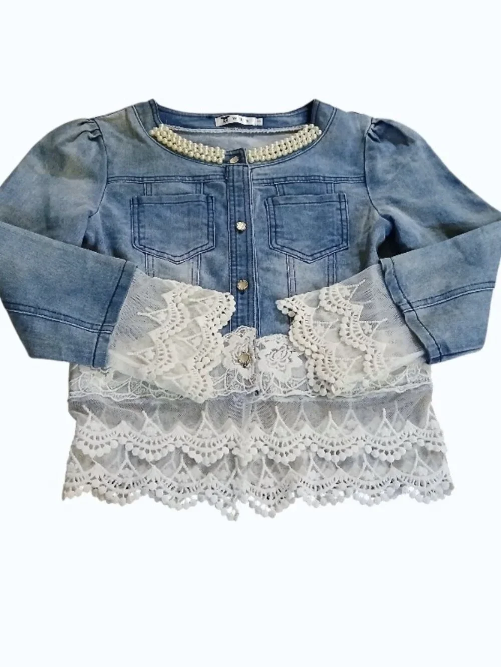 WTY Blue Jean Jacket with Faux Pearls and Lace/Crochet Cuffs & Hem - EUC - Picture 9 of 12